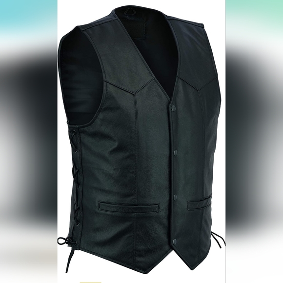 Men's Classic Motorbike Biker Leather Vest with Side Laces - Picture 2 of 3